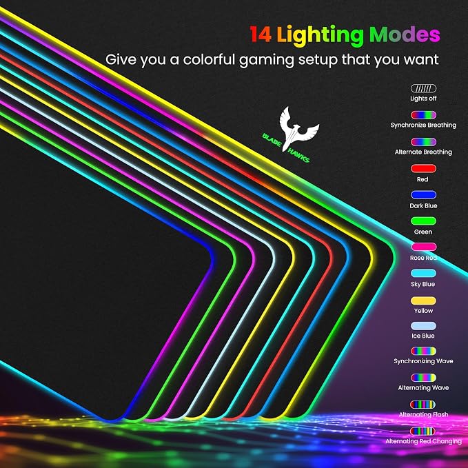 BladeHawks RGB Gaming Mouse Pad Extra Large Extended 31.5x12 Inch-Black | LED mouse pad with 14 lighting modes, covers keyboard & mouse, anti-slip rubber base, waterproof surface, USB powered - Image 2