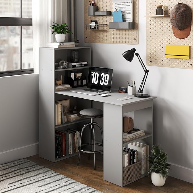 HOMCOM Modern Home Office Desk with 6-Tier Storage Shelves, 47", Gray | Writing Desk, Bookshelf - Image 7