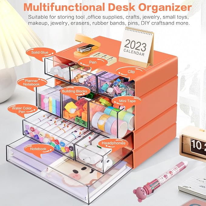 Desk Storage Organizer with 9 Drawers, 4 Tiers Stackable Desktop Craft Storage Drawers, Clear Storage Box Caddy for Stationary Makeup Jewelry Office Craft Supplies (Orange) - Image 4