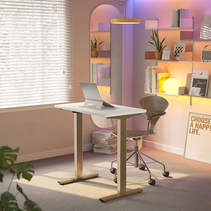 HUANUO 32" Small Electric Standing Desk Adjustable Height, 4 Memory Height Settings, Sit Stand Up Desk for Home Office & Computer Workstation, White and Gold Frame - Image 2