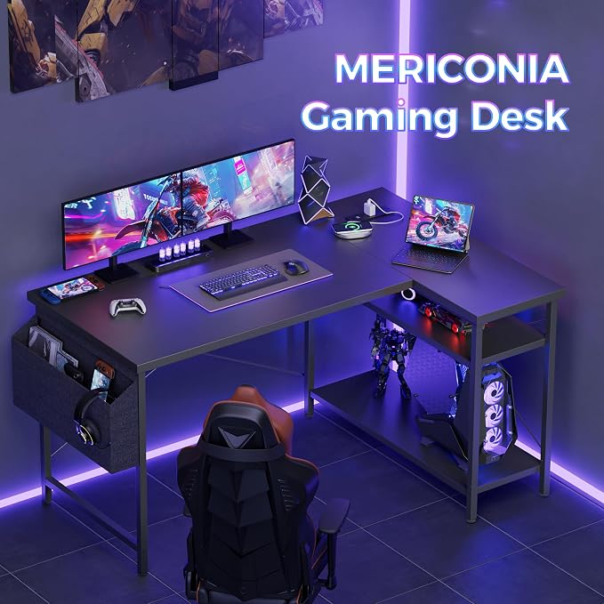 Mericonia 55 inch L Shaped Gaming Desk, Large Corner Desk with Shelves | Reversible Computer Desk with Power Outlets & Storage Bag, Office Table for Home Bedroom Study Work Writing - Image 3