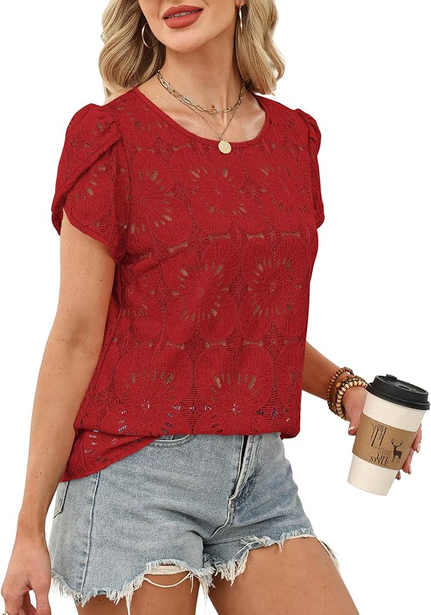OFEEFAN Blouses for Women Dressy Casual Petal Short Sleeve Shirts Crochet Lace Boho Tops Spring Fashion Summer Outfits - Image 4