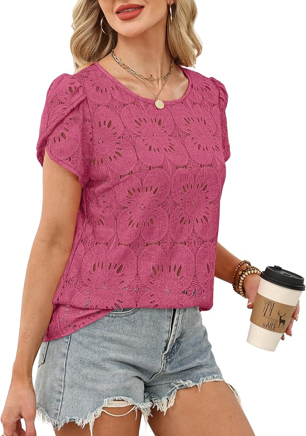OFEEFAN Blouses for Women Dressy Casual Petal Short Sleeve Shirts Crochet Lace Boho Tops Spring Fashion Summer Outfits - Image 4