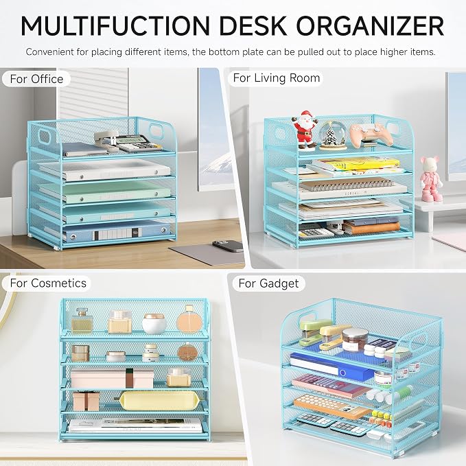 Lavatino Desk Letter Tray Paper Organizer for Desk 5-Tier with Handle Mesh Desktop File Organizer Paper Holder for Classroom Office Accessories - Blue - Image 5