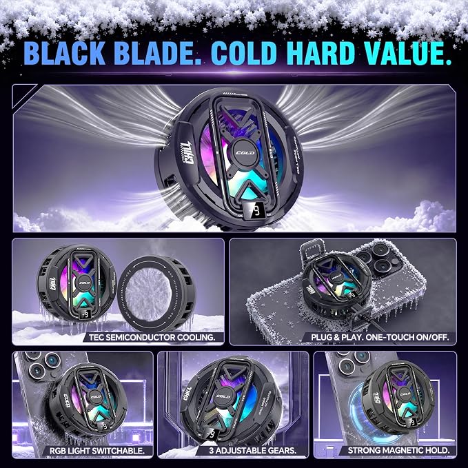 USB Phone Cooler, Semiconductor Cooling Fan for Phone, Magnetic & Clip-On, Large Cooling Plate, 3 Gears Fan Adjustable, RGB Light Switchable, Universal Fit for iPhone Android - Black - Image 2