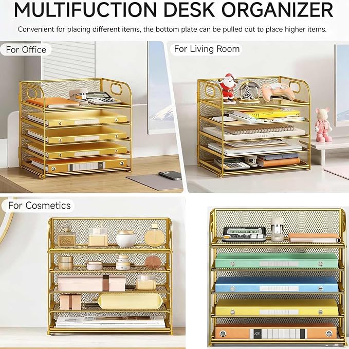 Lavatino Desk Paper Organizer Trays, Gold 5-Tier Mesh File Folder Sorter with Handles, Letter Holder Organizer for Office, Home, School Supplies Storage & Organization - Image 5