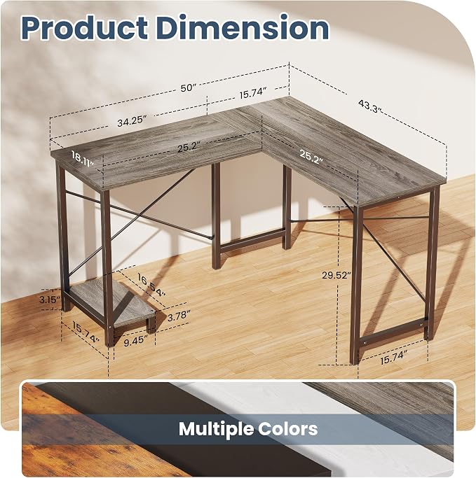 DUMOS 50-Inch Reversible L Shaped Desk with CPU Shelf, Grey | Computer Desk with Sturdy Metal Frame, Corner Gaming Desk, Home Office Desk for Study, Writing and Work, Sturdy Modern Design - Image 3
