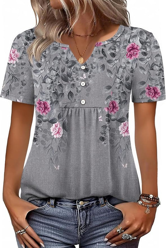 Zeagoo Womens Short Sleeve Tops Summer Henley V-Neck Tshirts Casual Pleated Blouse Dressy Loose Floral Basic Tee by Zeagoo