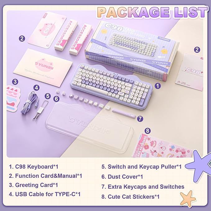 YUNZII C98 Cute Cake Wireless Mechanical Keyboard (Purple, Candy Switch) | 99 Keys with Number Pad, Hot Swap, PBT MOA Keycaps, BT5.0/2.4G/USB-C, Gasket Mount, Custom RGB Backlit for Win/Mac - Image 9