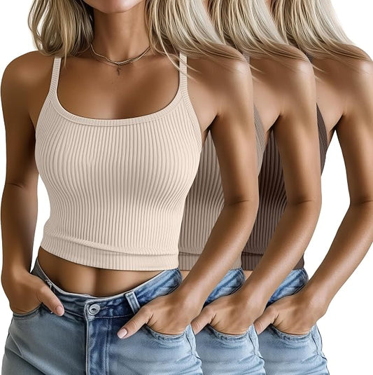 Ficerd 3 Pack Women's Tank Tops 95% Cotton Spaghetti Strap Ribbed Crop Camisole Slim Fitted Basic Summer Sleeveless Layer by Ficerd