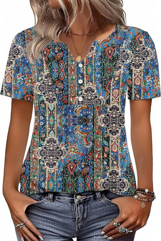 Zeagoo Womens Short Sleeve Tops Summer Henley V-Neck Tshirts Casual Pleated Blouse Dressy Loose Floral Basic Tee by Zeagoo