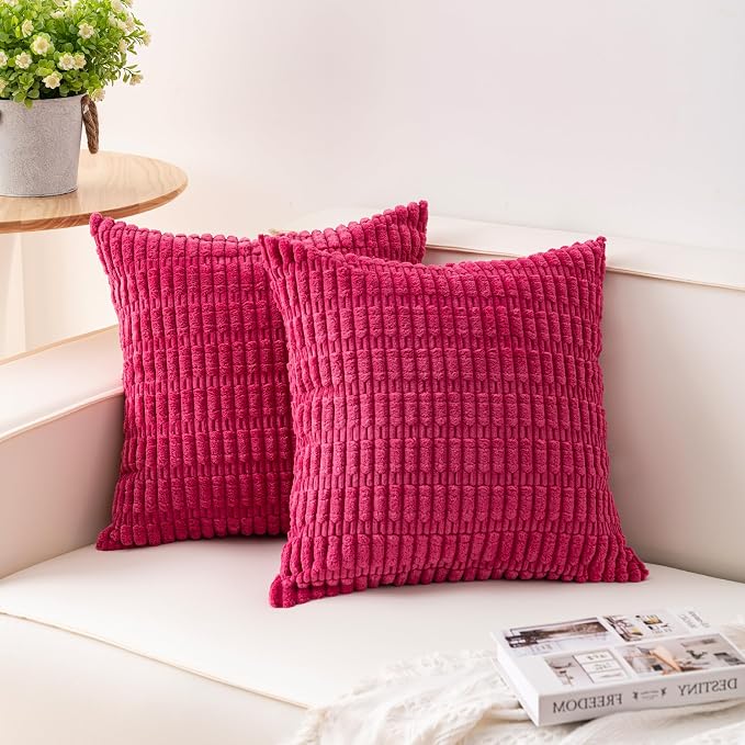 Aegero Pack of 2 Corduroy Decorative Throw Pillow Covers 18x18 InchSoft Boho Striped Pillow Covers Modern Farmhouse Home Decor for Sofa Living Room Couch Bed（Rose Red） by Unknown