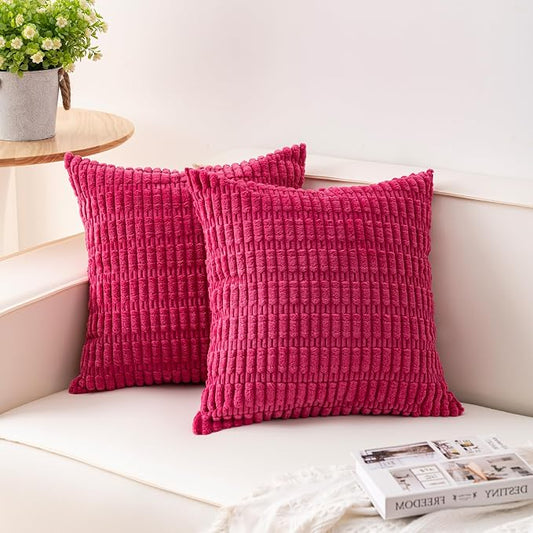 Aegero Pack of 2 Corduroy Decorative Throw Pillow Covers 18x18 InchSoft Boho Striped Pillow Covers Modern Farmhouse Home Decor for Sofa Living Room Couch Bed（Rose Red） by Unknown