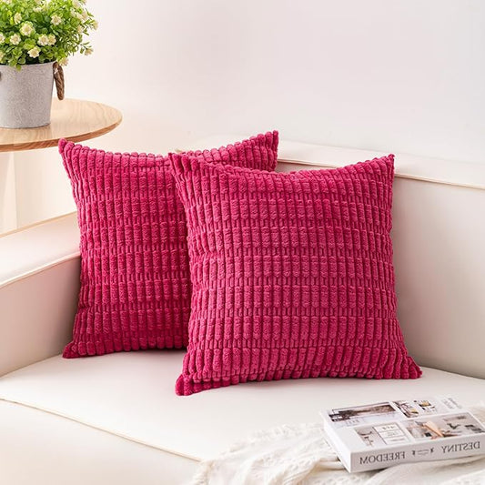 Aegero Pack of 2 Corduroy Decorative Throw Pillow Covers 16x16 Inch Soft Striped Pillow Covers Modern Farmhouse Home Decor for Sofa Living Room Couch Bed（Rose Red） by Unknown