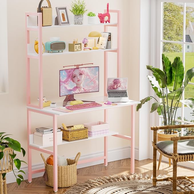 Aquzee Girls Desk with Hutch, 40“W x 19.6" D Computer Desk with Shelves, Tall Home Office Desk with Bookshelf, Metal Legs Study Table with Upper Storage Shelf for Study Writing/Workstation, Pink - Image 2