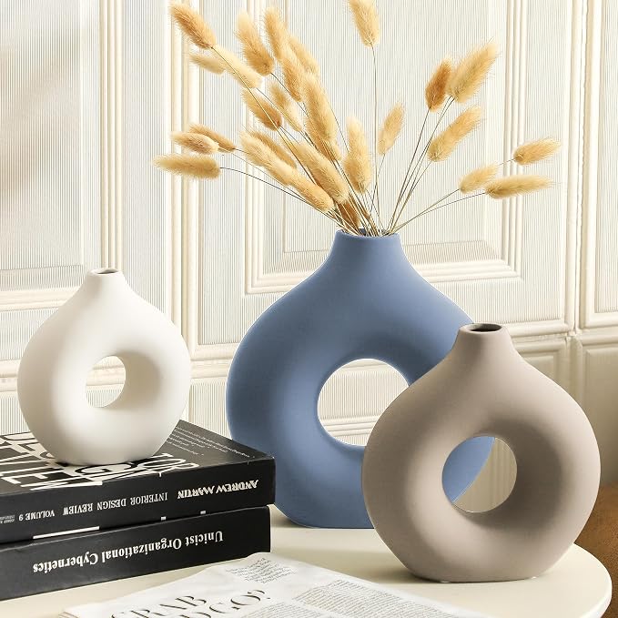 Vanselia Ceramic Vase Home Table Decor - Flower Vases Set of 3 Small Living Room Centerpiece Decorations for Shelf Bedroom Office Kitchen Dining Desk Modern Aesthetic Farmhouse Decorative (Blue) - Image 7