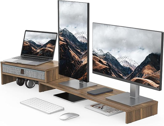 Fenge Computer Monitor Riser Stand with Drawer for 2 or 3 Monitors ,Adjustable Length and Angle Desktop Laptop Stand,Office Organizer,Printer by Fenge