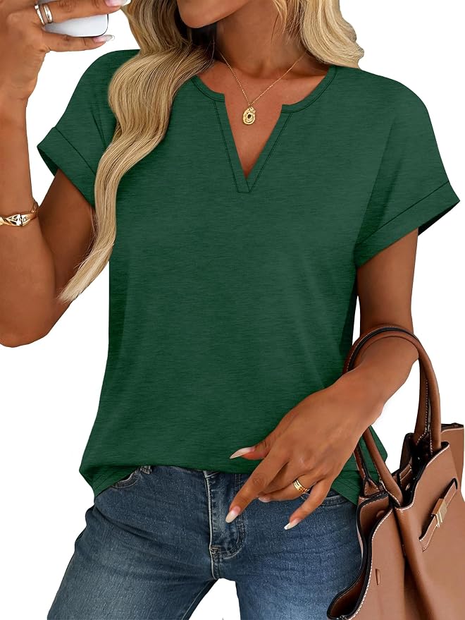Womens Tops Dressy Casual V Neck Rolled Sleeve T Shirts Fashion Clothing Business Casual Outfits Beach Vacation Clothes - Image 3