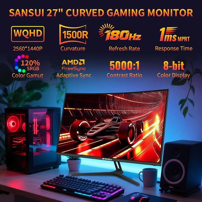 SANSUI 27 Inch WQHD 2560X1440 Curved Gaming Monitor, 180Hz MPRT 1ms Computer Monitor,HDMI2.0 * 2, DP1.2 * 2, Freesync, Curved 1500R, 5000:1 Contrast Ratio, 120% sRGB,HDR(ES-G27C1Q DP Cable Included) - Image 2