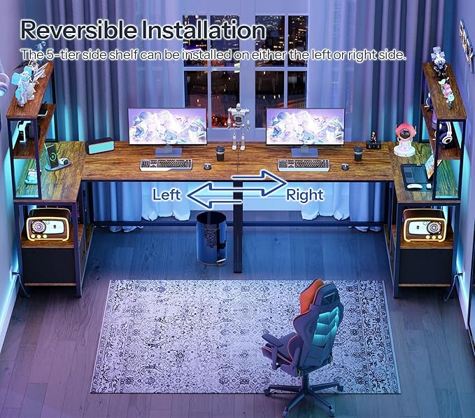 HOOBRO L Shaped Gaming Desk, 46 Inch Reversible Computer Desk with LED Light & Power Outlet, Office Desk with Storage Shelves & Drawer, for Home Office, Study, Rustic Brown and Black BF18UDDN01 - Image 4