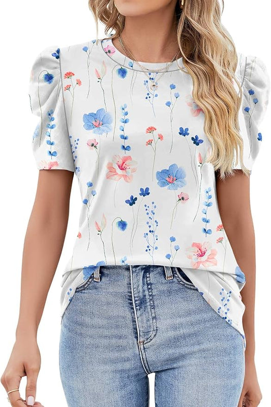 Ivicoer Puff Short Sleeve Shirt for Women Eyelet Tops Summer Crewneck Blouse Loose Fit S-XXL by Ivicoer