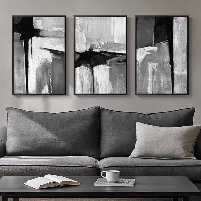 Framed Black and White Gray Modern Abstract Wall Art, Set of 3 Piece Big Canvas Paintings Artwork for Walls, Minimalist Art Prints Pictures for Living Room Hallway Bedroom Office Wall Decor 16x24 Inch by Cuspin
