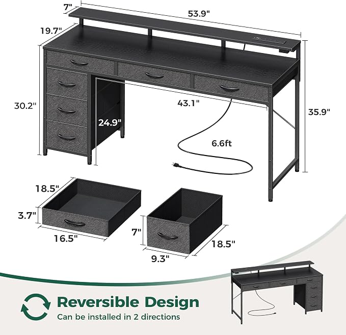 Huuger Gaming Desk with 6 Drawers, Computer Desk with LED Lights Power Outlets and Type-C, 55 Inch Office Desk with Storage, Monitor Stand, Writing Desk Work Desk Home Office, Bedroom, Black, 1CD102B - Image 3