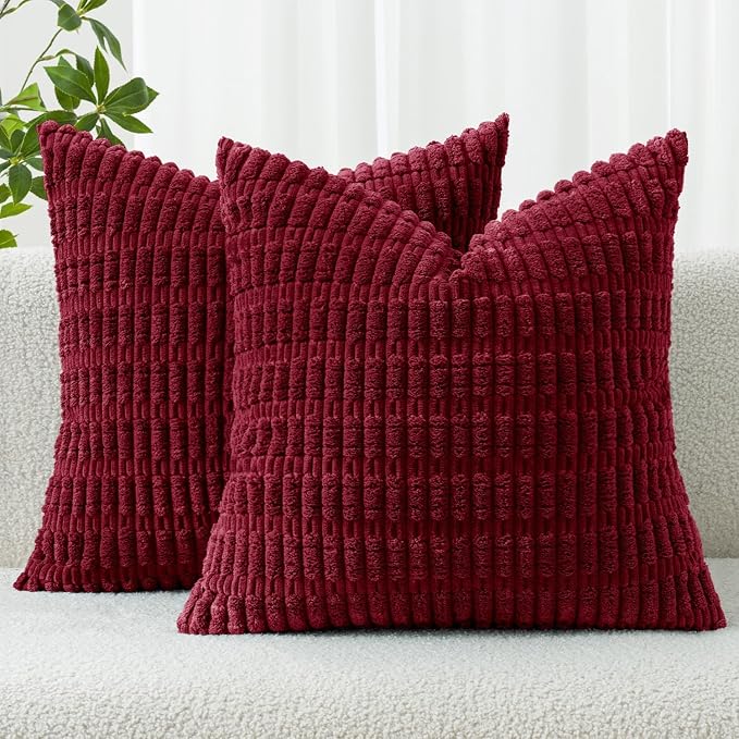 MIULEE Pack of 2 Burgundy Corduroy Decorative Pillow Covers 18x18 Inch Soft Boho Striped Throw Pillow Covers Modern Farmhouse Home Decor for Sofa Living Room Couch Bed by MIULEE