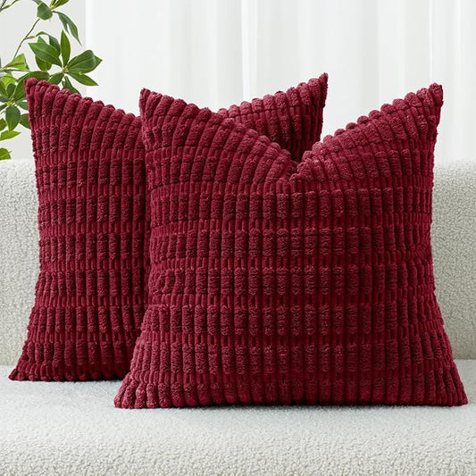 MIULEE Pack of 2 Burgundy Corduroy Decorative Pillow Covers 18x18 Inch Soft Boho Striped Throw Pillow Covers Modern Farmhouse Home Decor for Sofa Living Room Couch Bed by MIULEE