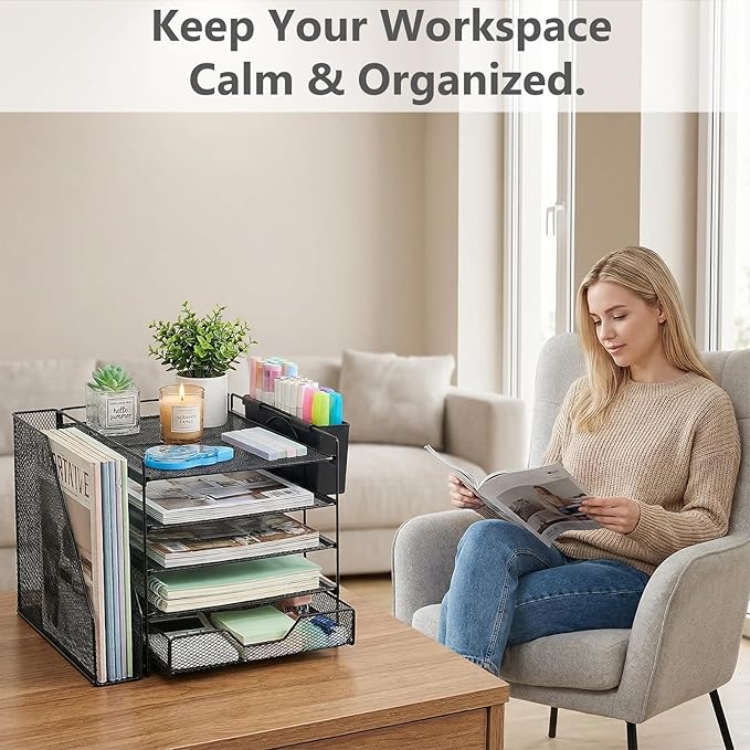 Desk Organizers and Accessories, 5-Tier Paper Letter Tray Organizer with File Holder, Drawer & Pen Holder, Office Desk Accessories, Desktop Organizer for Classroom Office Supplies, Black - Image 6