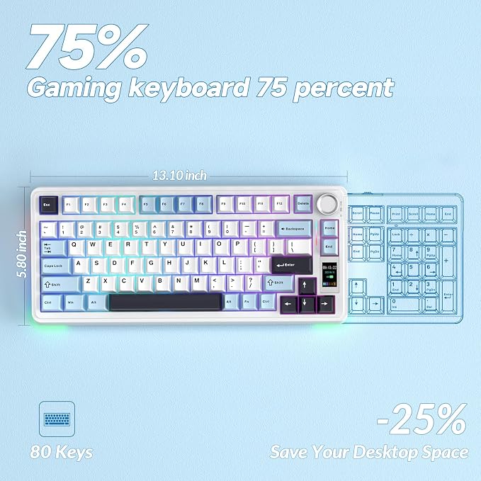 AULA S75 PRO Wireless Mechanical Keyboard with Screen&Knob, 75% Hot Swappable Gaming Keyboard with Pre-lubed Switches, RGB Backlit, PBT Keycaps Creamy Sounding Pc Gaming Keyboards - Image 9