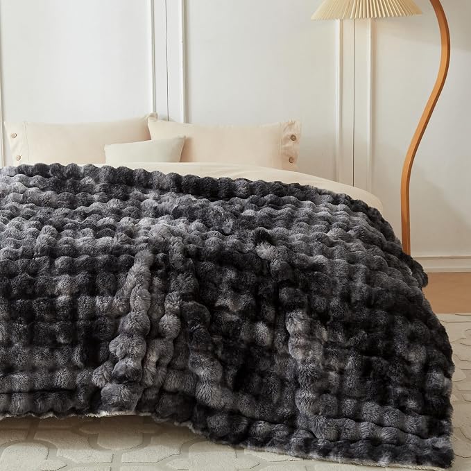 COOVA Faux Fur Throw Blanket for Couch, Cozy Soft and Fuzzy Plush Rabbit Fur Bubble Blanket for Sofa Bedroom Living Room, 60x80 Inches Tie Dye Black - Image 2