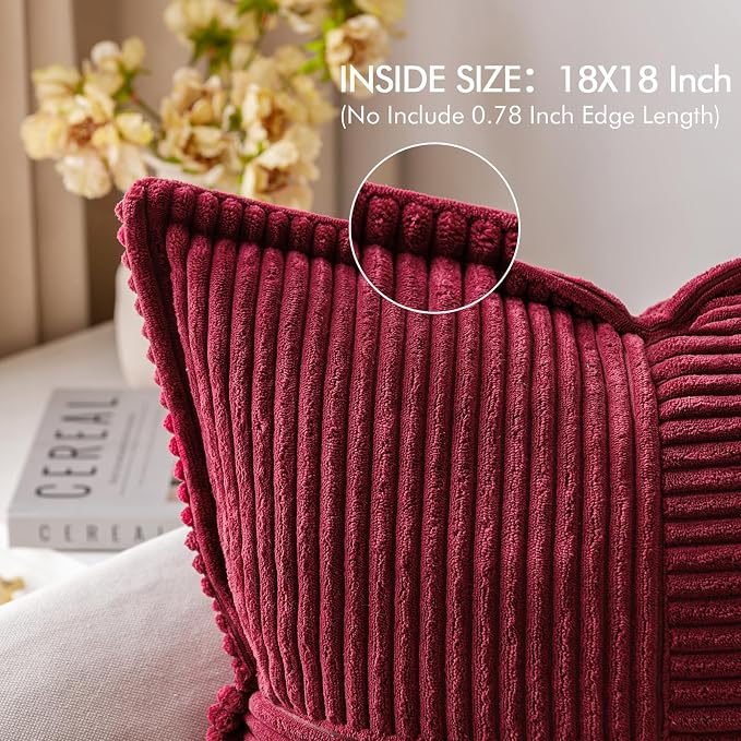 MIULEE Decorative Throw Pillow Covers for Couch Bed Livingroom 18x18 Inch Set of 2 Burgundy Boho Accent Throw Pllows Broadside Striped Patchwork Soft Corduroy Pillowcases - Image 2