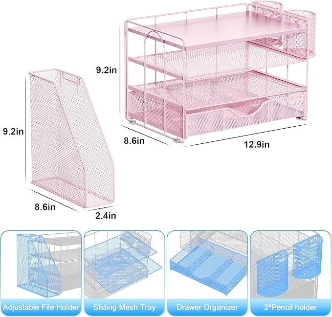 gianotter Wood Desk Organizers and Accessories with File Holder, 4-Tier Desk Accessories & Workspace Organizers with Drawer and 2 Pen Holder, Desk Reference Organizer (Pink, 4T with Metal Drawer) - Image 5