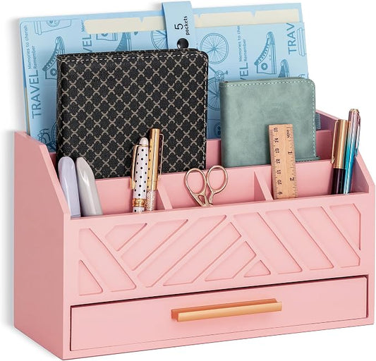 dreampossible Pink Wood Desk Organizer and Accessories with Drawer, Bill Mail Organizer and File Mail Holder for Office Supplies, Modern Desk Accessories & Workspace Organizers for Desk Organization by dreampossible