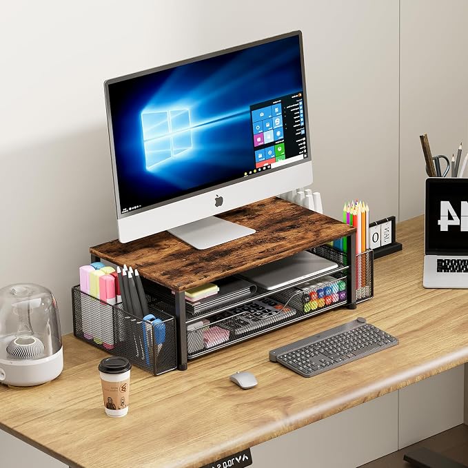 OPNICE Wood Desk Organizers and Accessories, 2-Tier Computer Monitor Stand Riser with Drawer and 2 Pen Holders, Laptop Stand, Office Desk Accessories for Office Supplies, Brown - Image 5