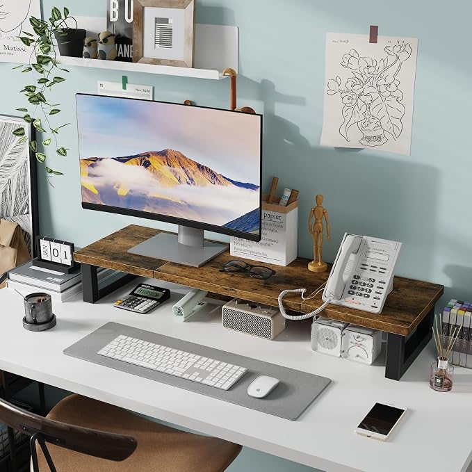 WESTREE Dual Monitor Stand Riser, Wood and Steel Monitor Stand Riser, Computer Monitor Stand for 2 Monitors, Multi-Purpose Desktop Storage Stand for Computer,Laptop,Printer,TV - Image 3