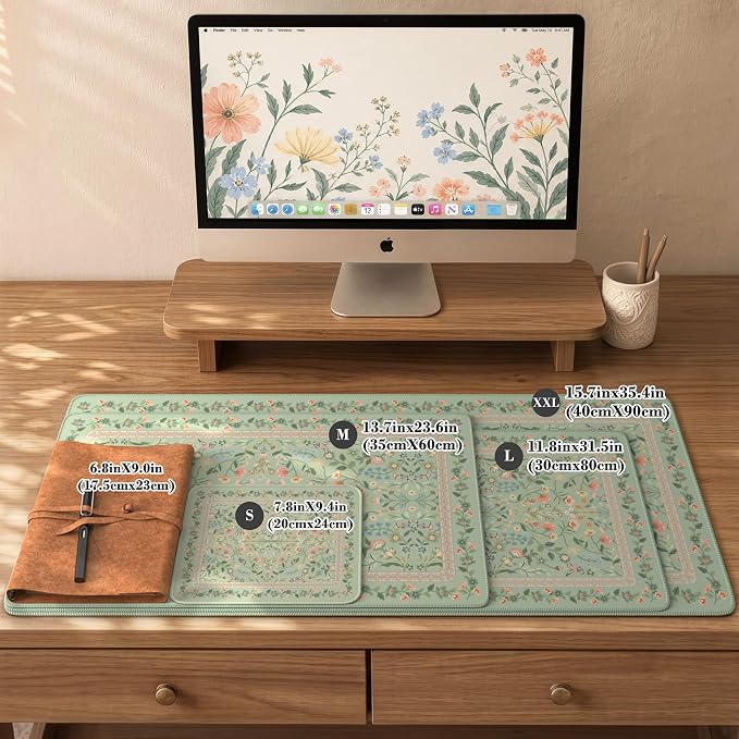 iCasso Aesthetic Flower Mouse Pad,23.6x13.7in Desk Pad, Light Green | Desk Matt for Desktop, Anti-Slip Mousepad with Stitched Edges for Laptop Computer Keyboard - Image 2