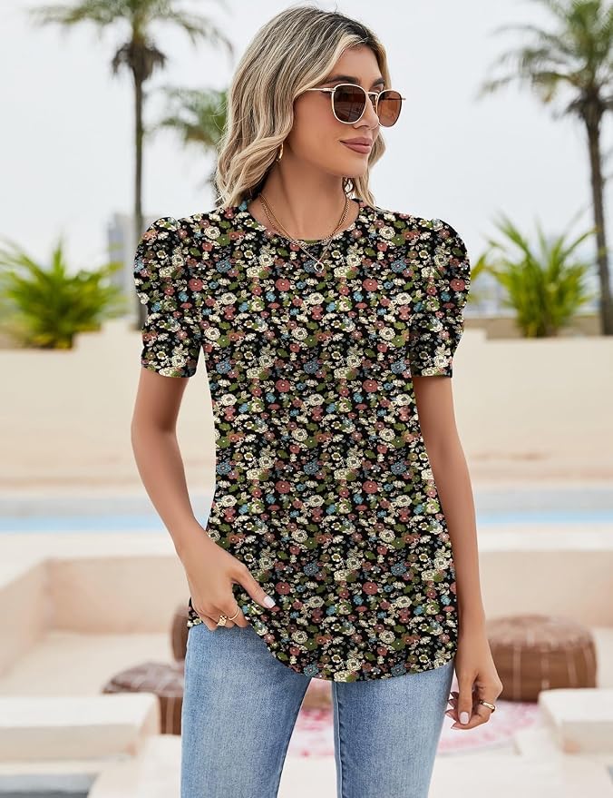 Ivicoer Puff Short Sleeve Shirt for Women Eyelet Tops Summer Crewneck Blouse Loose Fit S-XXL - Image 2