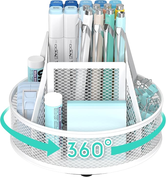 YINGHUA Metal Mesh Desk Organizer with 5 Compartments and Rotating Pencil Holder Pen and Stationery Organizer for Office Home School Anti Slip Base White by YINGHUA