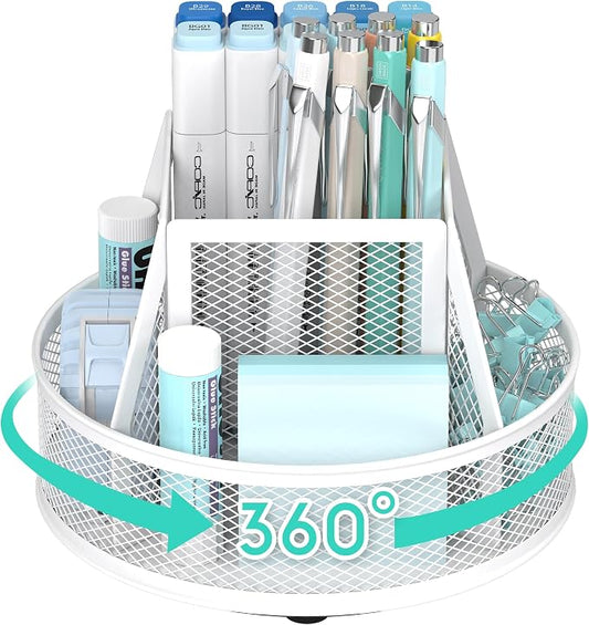 YINGHUA Metal Mesh Desk Organizer with 5 Compartments and Rotating Pencil Holder Pen and Stationery Organizer for Office Home School Anti Slip Base White by YINGHUA