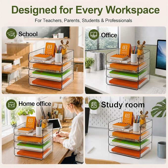 FANXIYQ 4-Tier Acrylic Paper Tray Organizer - Low-Profile Desk File Sorter for Office/Home, Clear Stackable Letter Tray for Bills, Crafts, Notebooks - Image 4