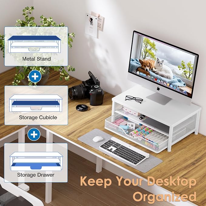 OPNICE Computer Monitor Stand Riser, Desk Organizer with Drawer, Printer & Laptop Stand, Office Desk Accessories & Workspace Desktop Organizers Storage for Office Supplies(White) - Image 5