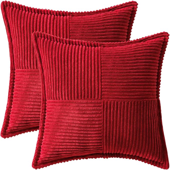 MIULEE Decorative Euro Sham Throw Pillow Covers for Couch Bed Livingroom 24x24 Inch Set of 2 Red Boho Accent Throw Pllows Broadside Striped Patchwork Soft Corduroy Pillowcases - Image 7