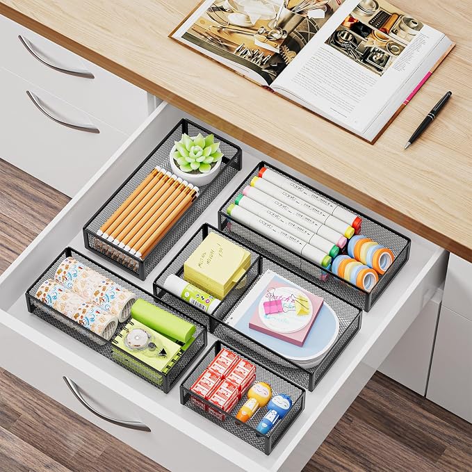Marbrasse 5 Pack Desk Drawer Organizer Set, Mesh Drawer Storage Trays with 1 Adjustable Divider, Desk Organizers and Accessories, 5 PCS Drawer for Office Supplies, Makeup & Vanity (Black) - Image 6