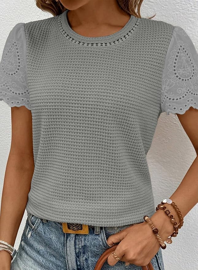 SHEWIN Womens Frenchy Summer Tops Crewneck Short Sleeve T Shirts Casual Waffle Knit Jacquard Blouses Top Shirts - Image 4
