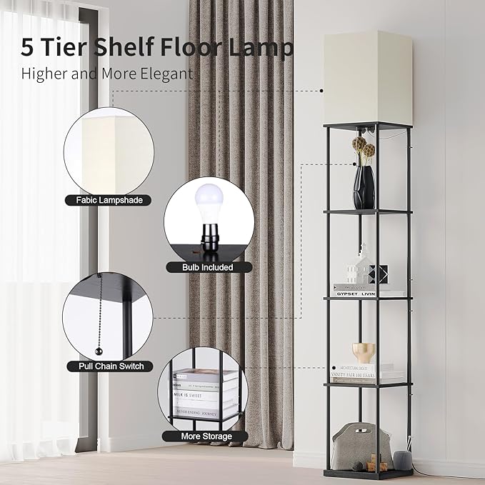 SUNMORY 5 Tier Floor Lamp with Shelves, Modern Square Standing Lamp with 3 Color Temperature Bulb, Corner Display Bookshelf Lamp for Living Room and Bedroom, Tall Shelf Floor Lamp - Image 3