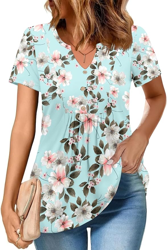 Zeagoo Womens Short Sleeve Tops Summer Henley V-Neck Tshirts Casual Pleated Blouse Dressy Loose Floral Basic Tee - Image 2