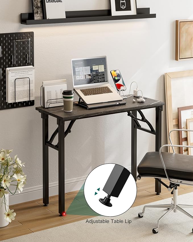 Frylr Small Folding Computer Desk – 35.8 Inch Portable Table for Craft and Study, Lightweight Desk for Small Spaces, Foldable Laptop Table Built-in AC/USB Outlets for Convenience, Marble Greige - Image 8
