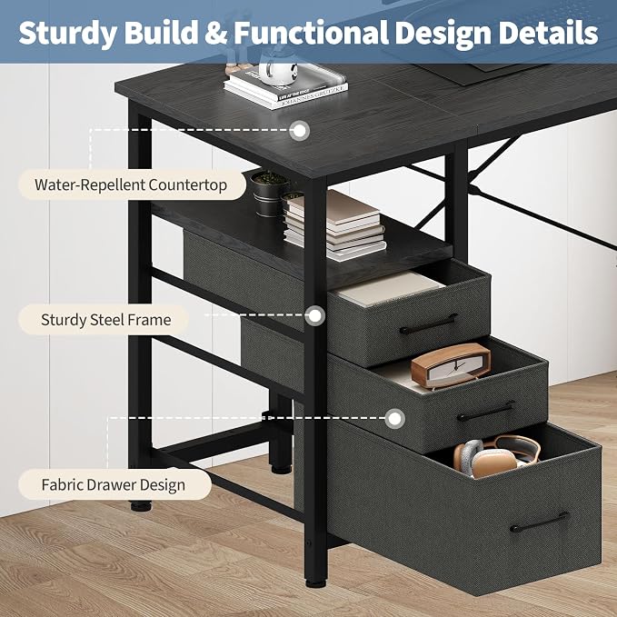 DUMOS 39 Inch Small Computer Desk with Storage, Fabric Drawers | Writing Table, Side Pocket, Space Saving Workstation, Home Office, Gaming Setup, Dorm Apartment, Black - Image 5